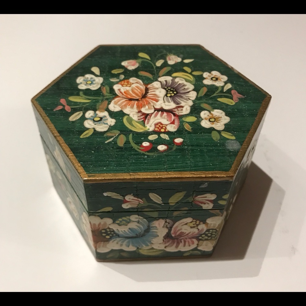 Authentic Peruvian Hand Painted Wooden Trinket Box with Hinged Lid Hexagon Shape